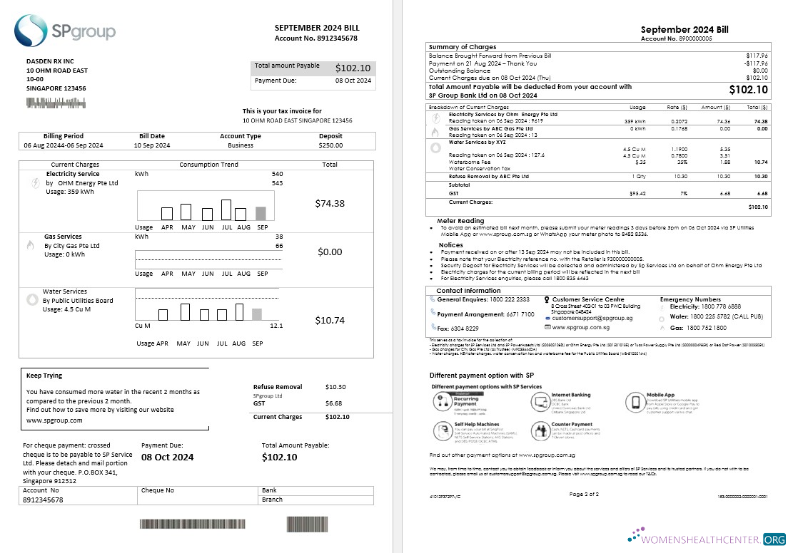 Singapore SP Group business utility bill template in Word and PDF formats (2 pages)
